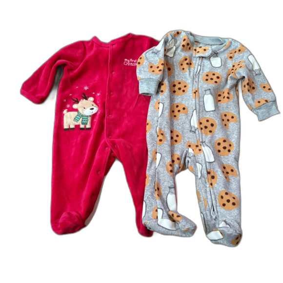Baby's First Christmas Fleece Footed Sleeper Lot of 2 Carter's & Little Me 0-3M - Picture 1 of 7